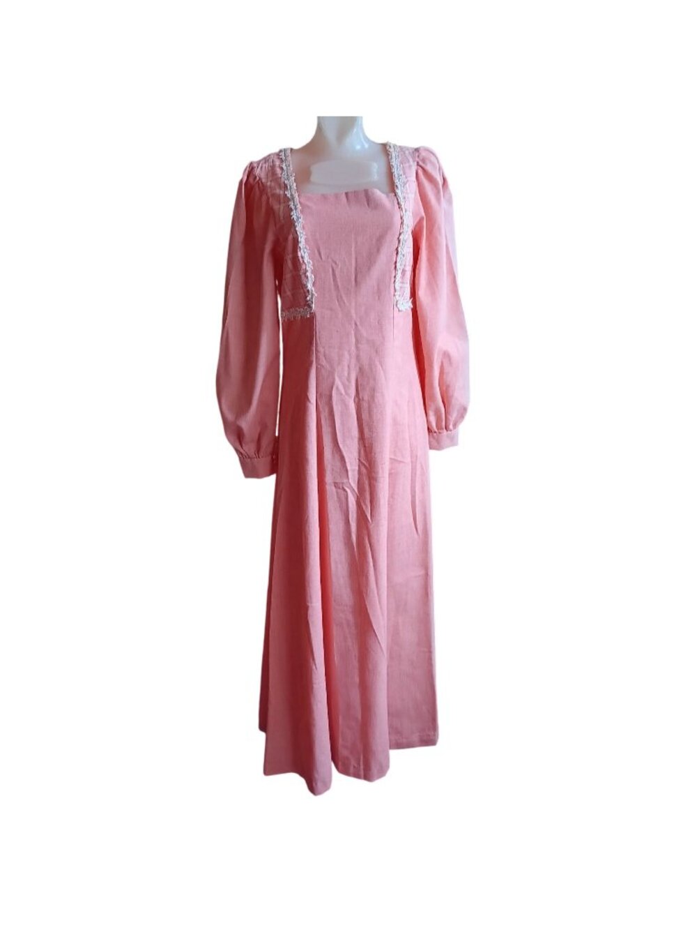 Medium 8 True Vintage Peasant Wedding Dress Pink Maxi Lace Trim Puff Sleeves 70s